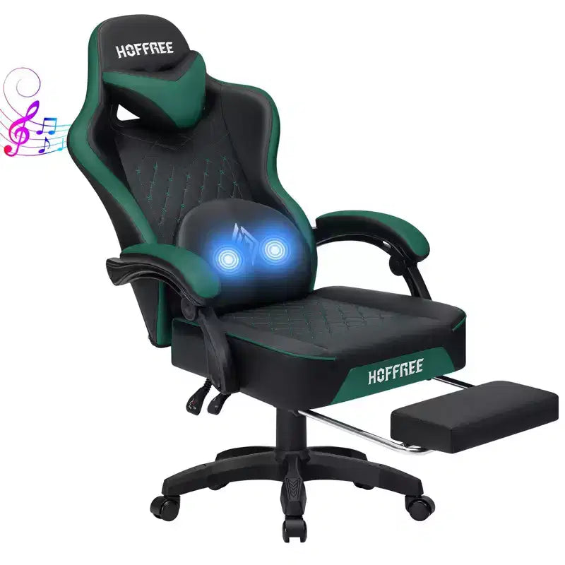 Sedia da gaming massaggiante in pelle Hoffree, ergonomica da ufficio per PC con altoparlante Bluetooth e poggiapiedi