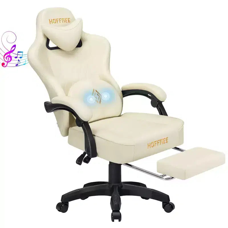 Sedia da gaming massaggiante in pelle Hoffree, ergonomica da ufficio per PC con altoparlante Bluetooth e poggiapiedi