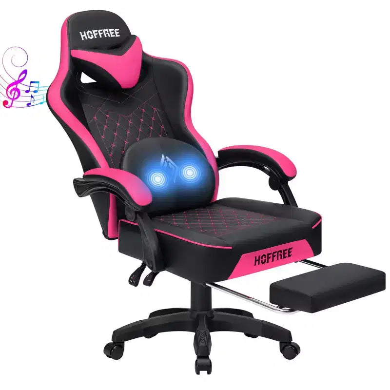 Sedia da gaming massaggiante in pelle Hoffree, ergonomica da ufficio per PC con altoparlante Bluetooth e poggiapiedi