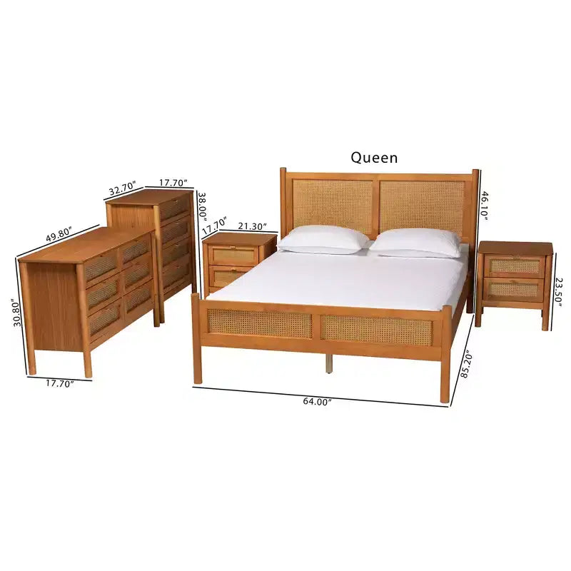 Set camera da letto Queen Size Baxton Studio Jenn 5 pezzi in legno marrone dorato stile Japandi con rattan effetto invecchiato