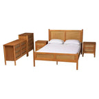 Set camera da letto Queen Size Baxton Studio Jenn 5 pezzi in legno marrone dorato stile Japandi con rattan effetto invecchiato