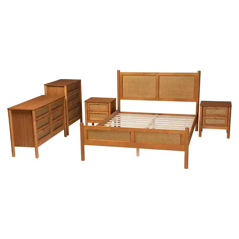 Set camera da letto Queen Size Baxton Studio Jenn 5 pezzi in legno marrone dorato stile Japandi con rattan effetto invecchiato