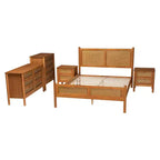 Set camera da letto Queen Size Baxton Studio Jenn 5 pezzi in legno marrone dorato stile Japandi con rattan effetto invecchiato