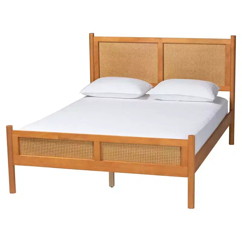 Set camera da letto Queen Size Baxton Studio Jenn 5 pezzi in legno marrone dorato stile Japandi con rattan effetto invecchiato
