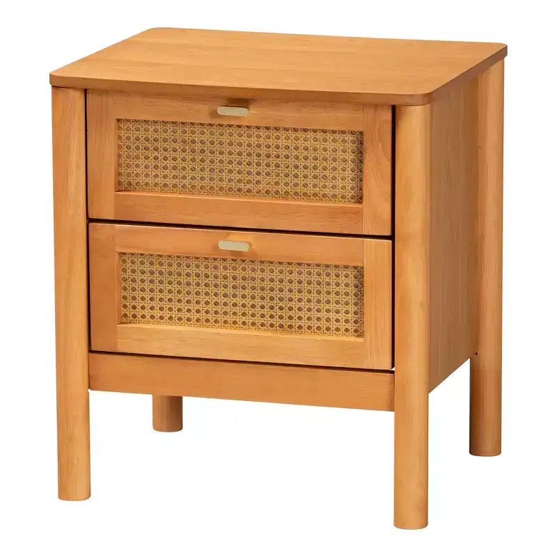 Set camera da letto Queen Size Baxton Studio Jenn 5 pezzi in legno marrone dorato stile Japandi con rattan effetto invecchiato