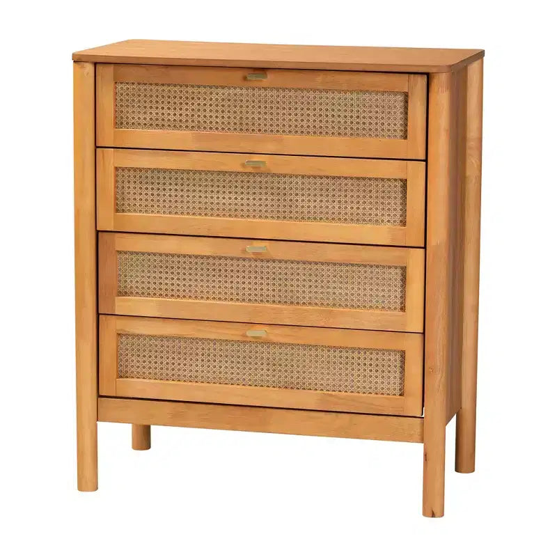 Set camera da letto Queen Size Baxton Studio Jenn 5 pezzi in legno marrone dorato stile Japandi con rattan effetto invecchiato