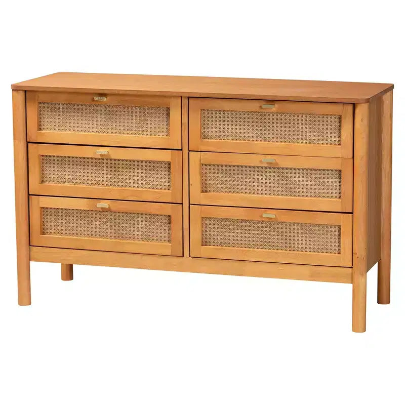 Set camera da letto Queen Size Baxton Studio Jenn 5 pezzi in legno marrone dorato stile Japandi con rattan effetto invecchiato