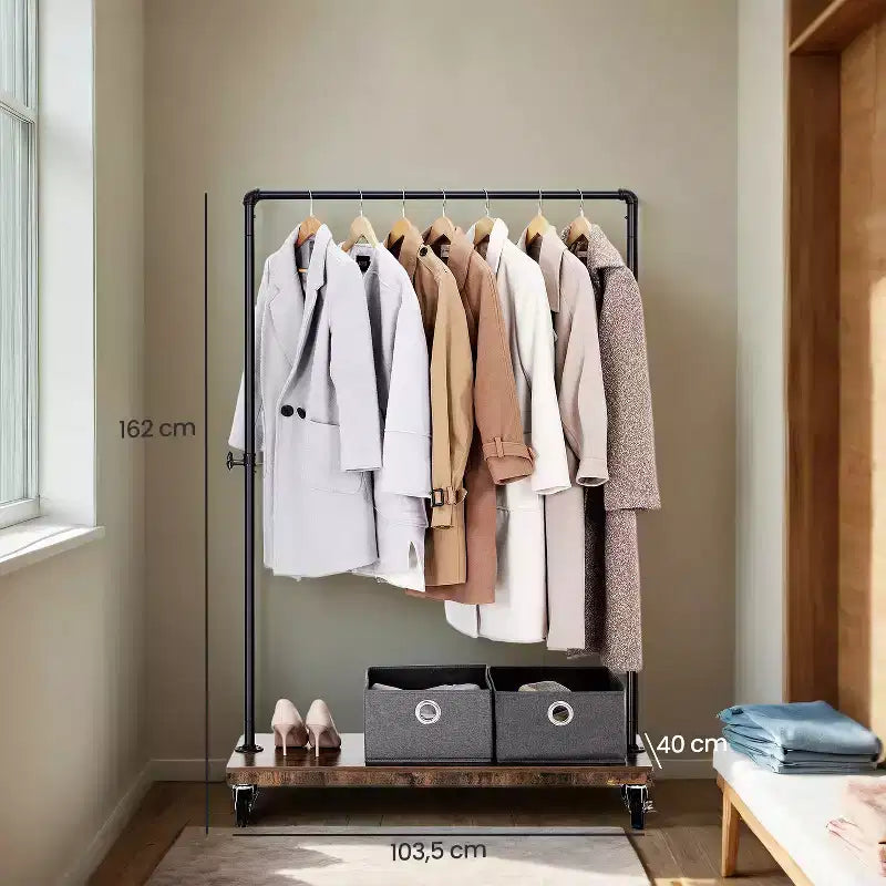 LEDREM Stender Appendigabiti con Ruote e Ripiano, Appendiabiti Industriale Resistente in Stile Tubo per Camera da Letto, Lavanderia, Esposizione Commerciale
