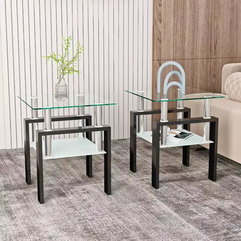 MAYEERTY Tavolino Moderno in Vetro Temperato, Tavolino Laterale Quadrato per Soggiorno Camera da Letto, Set da 2, Trasparente