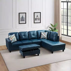 Blue Semi-PU Leather Sectional Sofa - Modern L-Shaped Design, Tufted Cushions, Storage Ottoman, Contemporary Home Dcor