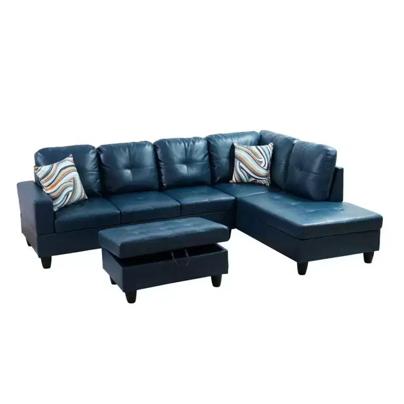 Blue Semi-PU Leather Sectional Sofa - Modern L-Shaped Design, Tufted Cushions, Storage Ottoman, Contemporary Home Dcor