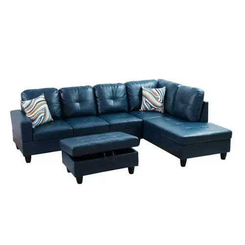 Divano sezionale in similpelle semi-PU blu - Design moderno a L, cuscini trapuntati, pouf contenitore, arredamento contemporaneo