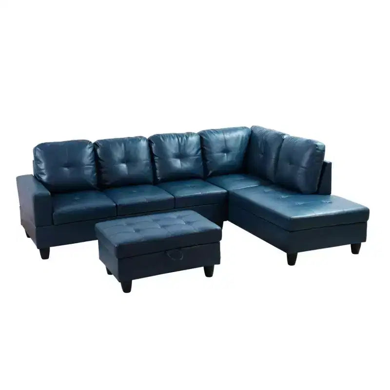 Blue Semi-PU Leather Sectional Sofa - Modern L-Shaped Design, Tufted Cushions, Storage Ottoman, Contemporary Home Dcor