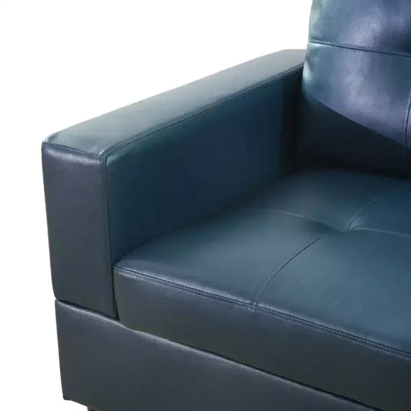 Blue Semi-PU Leather Sectional Sofa - Modern L-Shaped Design, Tufted Cushions, Storage Ottoman, Contemporary Home Dcor