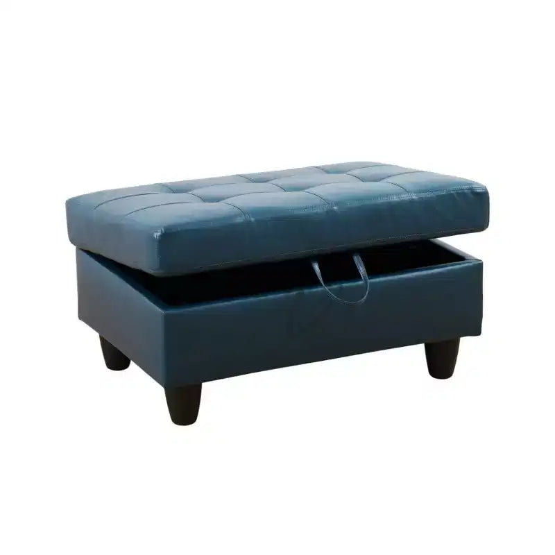 Blue Semi-PU Leather Sectional Sofa - Modern L-Shaped Design, Tufted Cushions, Storage Ottoman, Contemporary Home Dcor