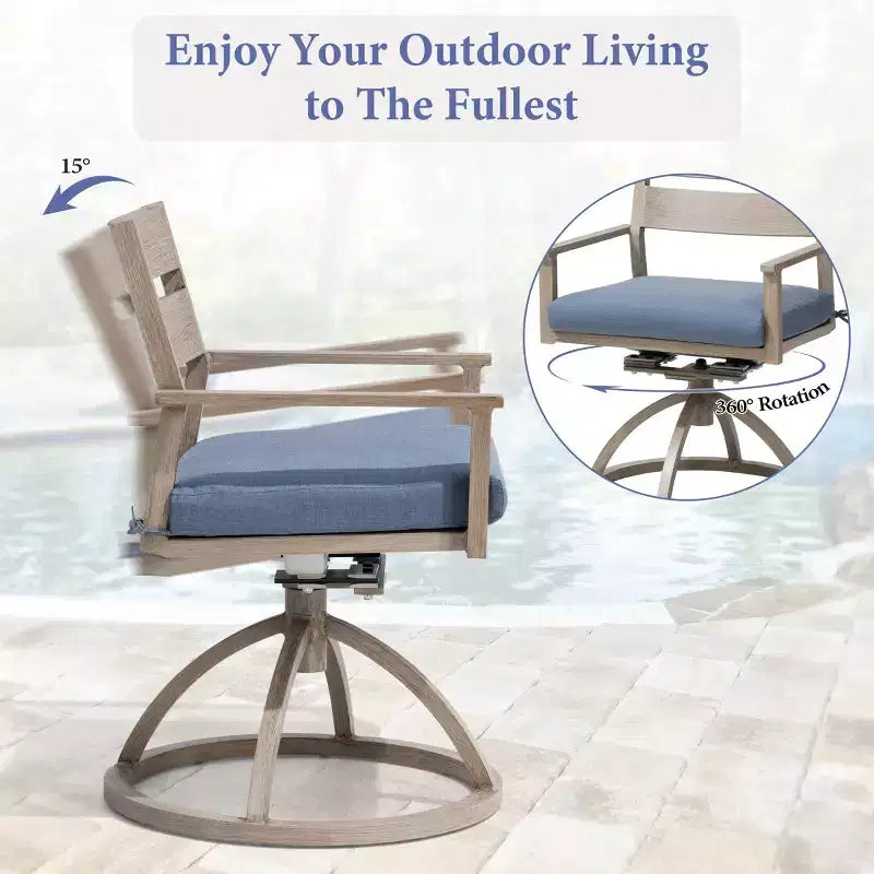 Crestlive Products Patio 2pc 360 Swivel Outdoor Dining Chairs Aluminum Frame, Wood Grain Finish with Sunbrella Cushion