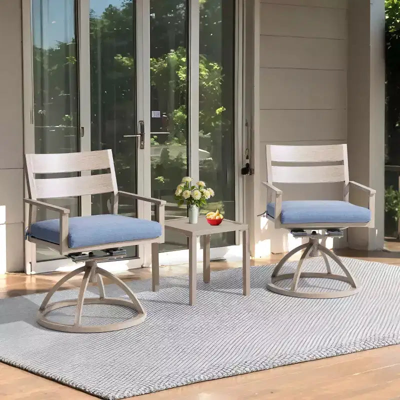 Crestlive Products Patio 2pc 360 Swivel Outdoor Dining Chairs Aluminum Frame, Wood Grain Finish with Sunbrella Cushion
