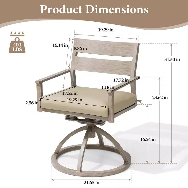 Crestlive Products Patio 2pc 360 Swivel Outdoor Dining Chairs Aluminum Frame, Wood Grain Finish with Sunbrella Cushion