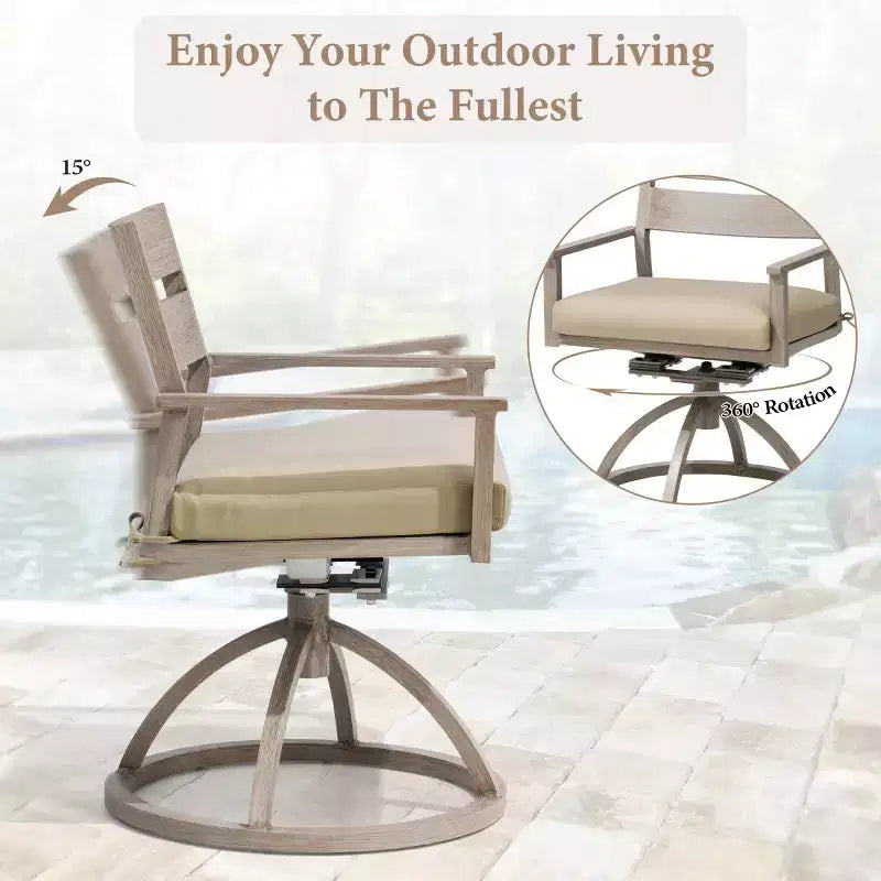 Crestlive Products Patio 2pc 360 Swivel Outdoor Dining Chairs Aluminum Frame, Wood Grain Finish with Sunbrella Cushion