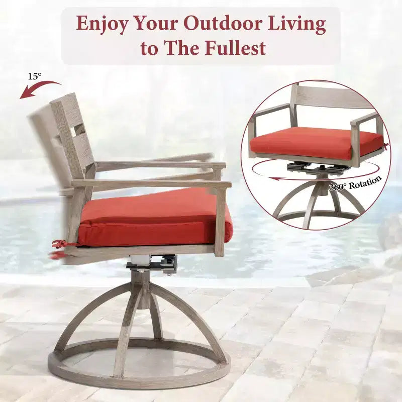 Crestlive Products Patio 2pc 360 Swivel Outdoor Dining Chairs Aluminum Frame, Wood Grain Finish with Sunbrella Cushion
