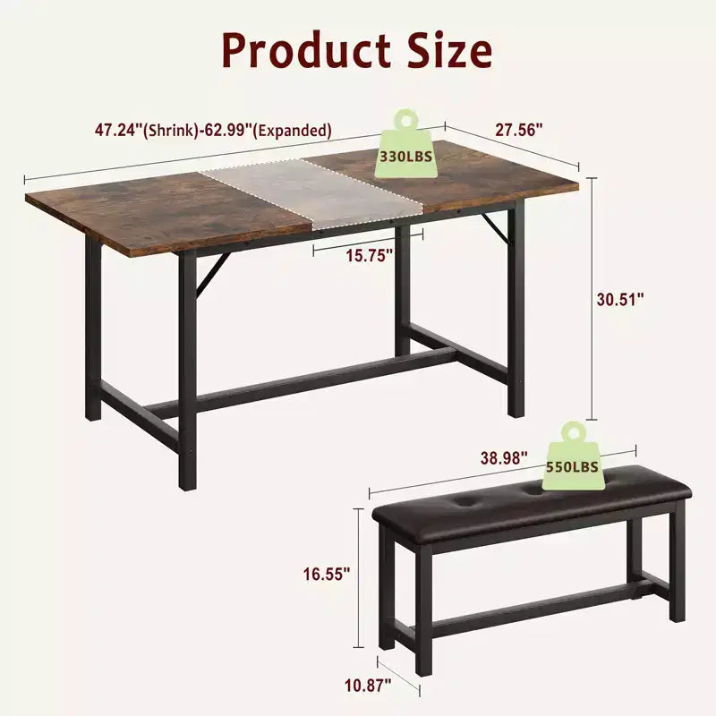 Dining Table Set for 4-6, Large Extendable Wooden Kitchen Table Set for 6, Rectangle Kitchen Table Set with 2 Upholstered Benches