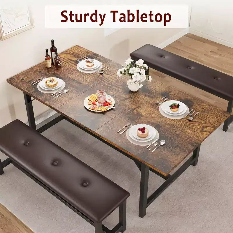 Dining Table Set for 4-6, Large Extendable Wooden Kitchen Table Set for 6, Rectangle Kitchen Table Set with 2 Upholstered Benches