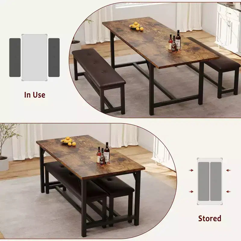 Dining Table Set for 4-6, Large Extendable Wooden Kitchen Table Set for 6, Rectangle Kitchen Table Set with 2 Upholstered Benches