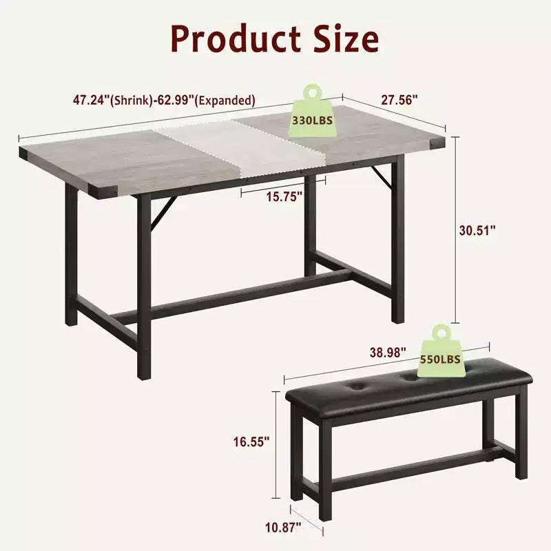 Dining Table Set for 4-6, Large Extendable Wooden Kitchen Table Set for 6, Rectangle Kitchen Table Set with 2 Upholstered Benches