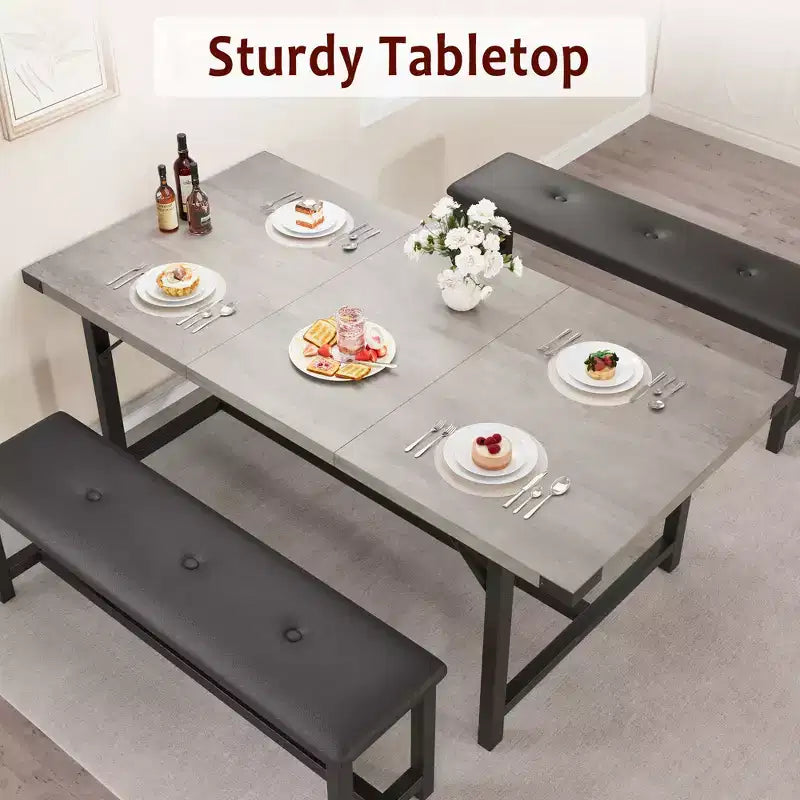 Dining Table Set for 4-6, Large Extendable Wooden Kitchen Table Set for 6, Rectangle Kitchen Table Set with 2 Upholstered Benches