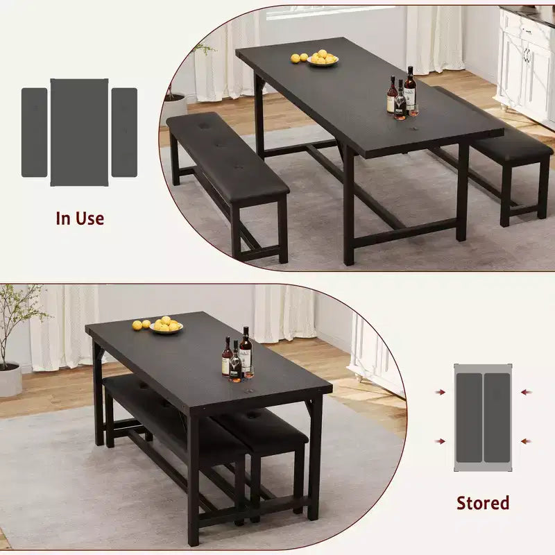 Dining Table Set for 4-6, Large Extendable Wooden Kitchen Table Set for 6, Rectangle Kitchen Table Set with 2 Upholstered Benches