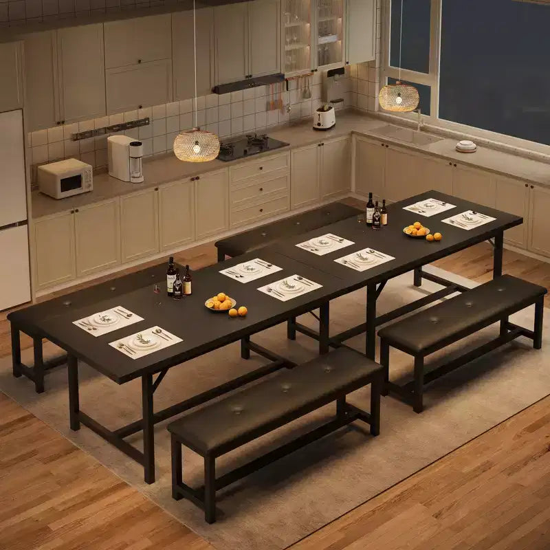 Dining Table Set for 4-6, Large Extendable Wooden Kitchen Table Set for 6, Rectangle Kitchen Table Set with 2 Upholstered Benches