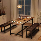 Dining Table Set for 4-6, Large Extendable Wooden Kitchen Table Set for 6, Rectangle Kitchen Table Set with 2 Upholstered Benches
