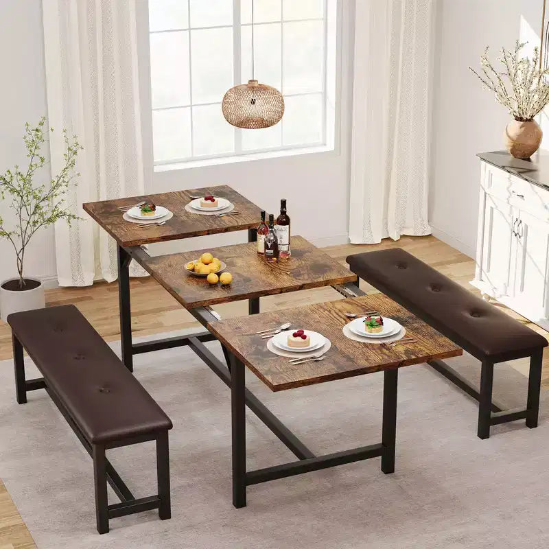Set Tavolo da Pranzo per 4-6 Persone, Grande Tavolo da Cucina Allungabile in Legno per 6 Persone, Set Tavolo da Cucina Rettangolare con 2 Panche Imbottite