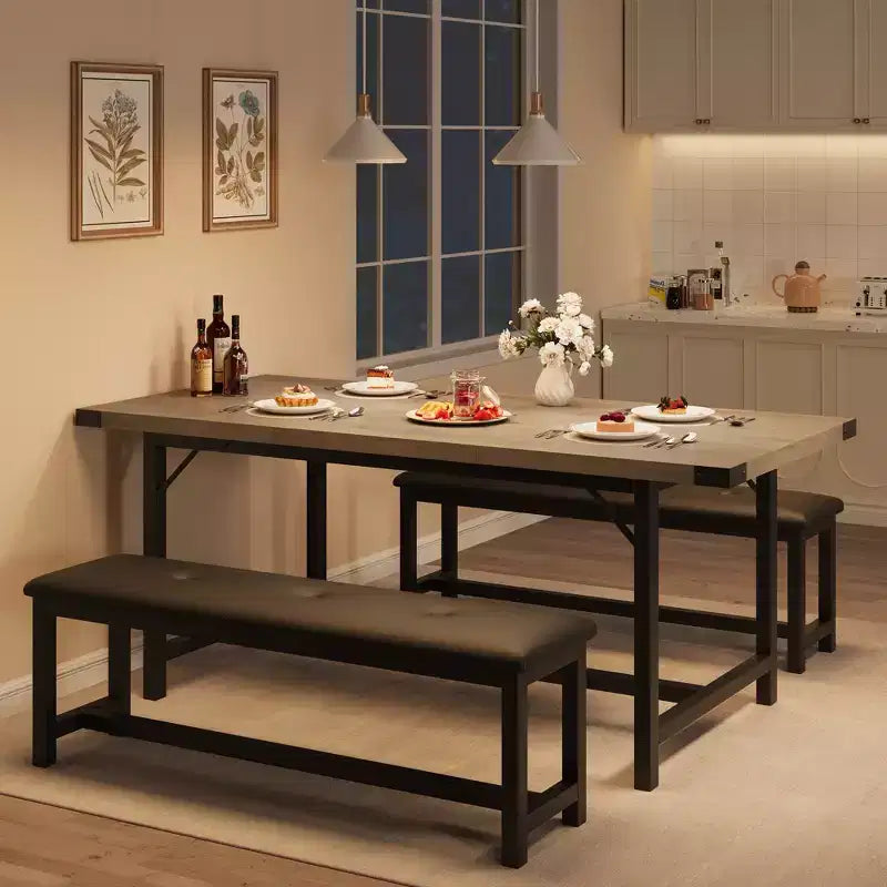 Set Tavolo da Pranzo per 4-6 Persone, Grande Tavolo da Cucina Allungabile in Legno per 6 Persone, Set Tavolo da Cucina Rettangolare con 2 Panche Imbottite