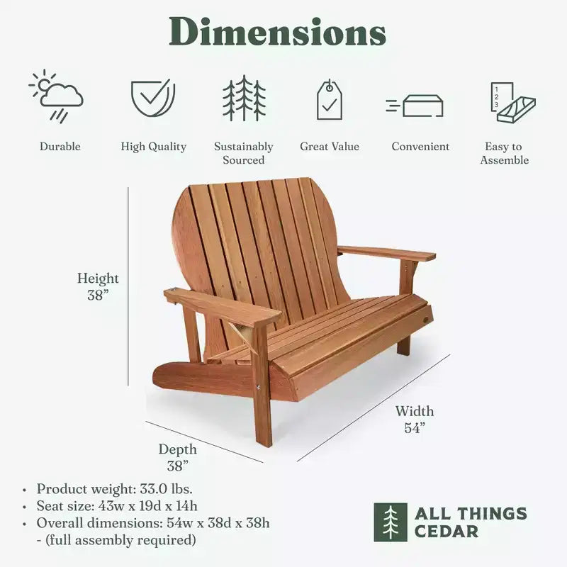 All Things Cedar Handcrafted Wooden Adirondack Loveseat Chair, Comfortable Outdoor Seat for Deck and Patio Furniture, Natural Finish