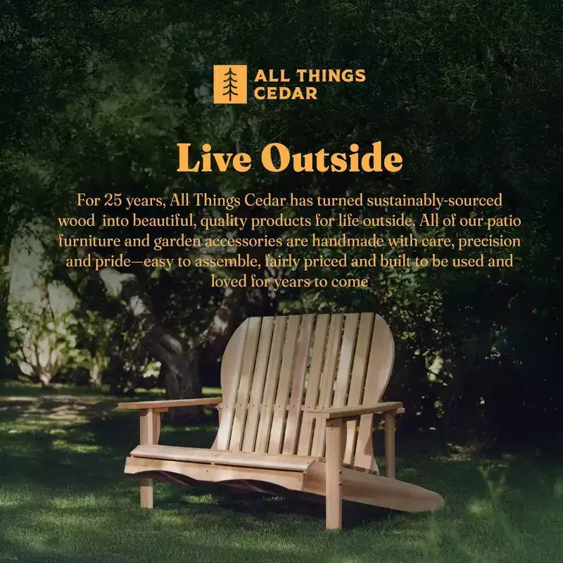 All Things Cedar Handcrafted Wooden Adirondack Loveseat Chair, Comfortable Outdoor Seat for Deck and Patio Furniture, Natural Finish