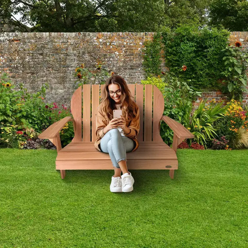 All Things Cedar Handcrafted Wooden Adirondack Loveseat Chair, Comfortable Outdoor Seat for Deck and Patio Furniture, Natural Finish