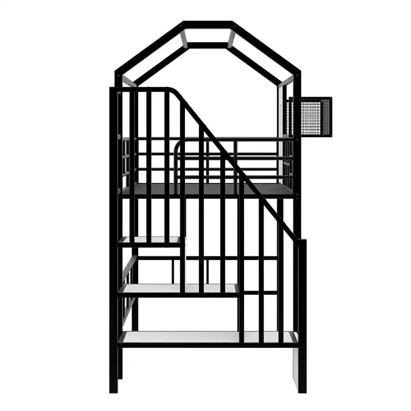 Whisen 93.7''L x 41.4''W House-style Design Metal Loft Bed with Staircase, Storage Rack and Window, with Roof Design