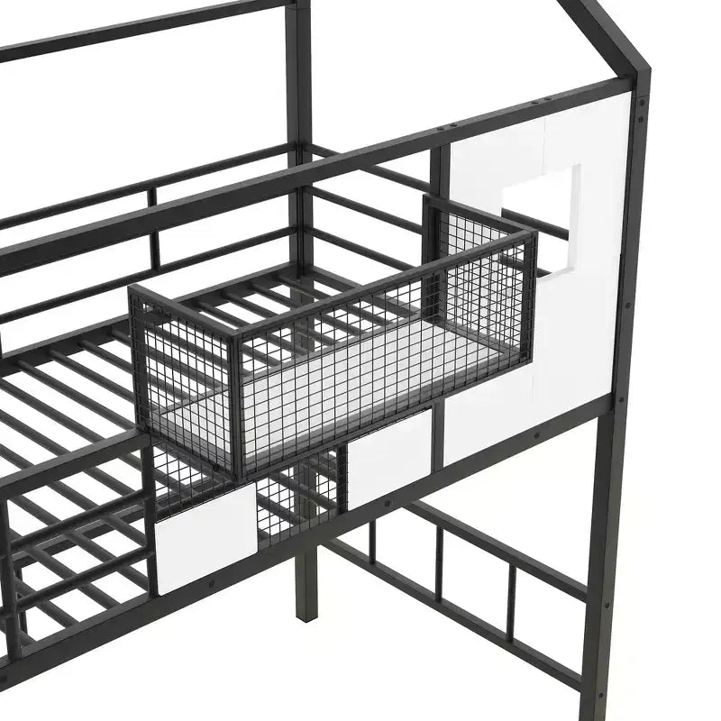 Whisen 93.7''L x 41.4''W House-style Design Metal Loft Bed with Staircase, Storage Rack and Window, with Roof Design