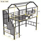 Whisen 93.7''L x 41.4''W House-style Design Metal Loft Bed with Staircase, Storage Rack and Window, with Roof Design