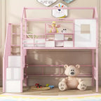 Whisen 93.7''L x 41.4''W House-style Design Metal Loft Bed with Staircase, Storage Rack and Window, with Roof Design