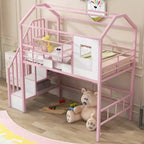 Whisen 93.7''L x 41.4''W House-style Design Metal Loft Bed with Staircase, Storage Rack and Window, with Roof Design
