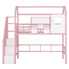 Whisen 93.7''L x 41.4''W House-style Design Metal Loft Bed with Staircase, Storage Rack and Window, with Roof Design