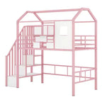 Whisen 93.7''L x 41.4''W House-style Design Metal Loft Bed with Staircase, Storage Rack and Window, with Roof Design