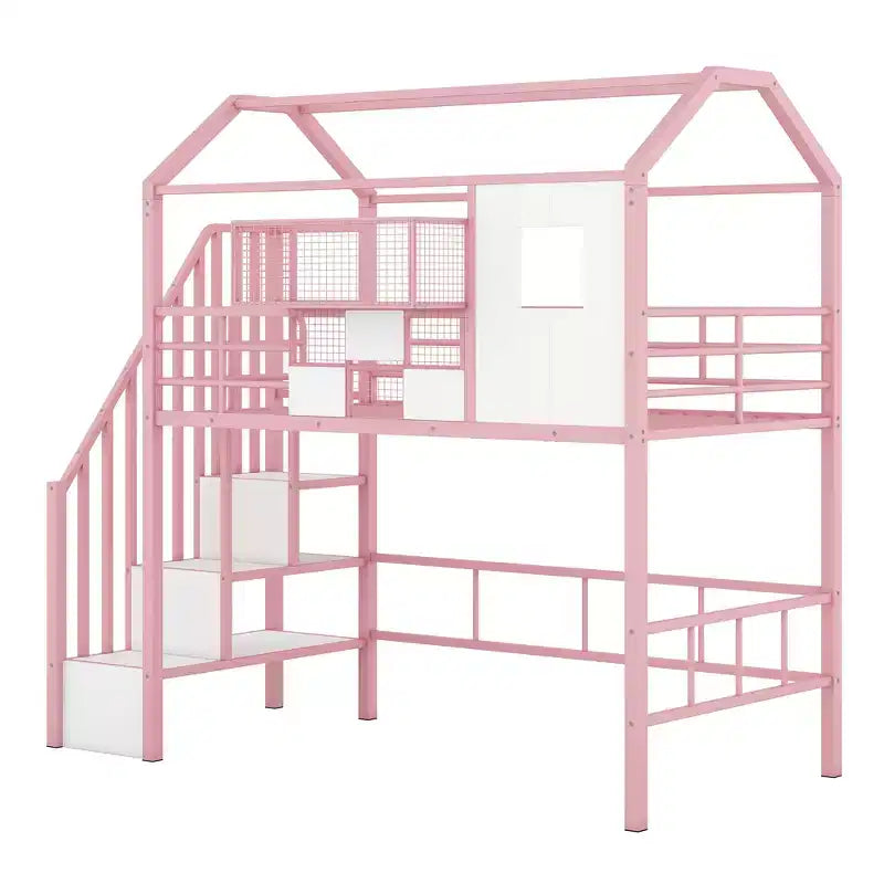 Whisen 93.7''L x 41.4''W House-style Design Metal Loft Bed with Staircase, Storage Rack and Window, with Roof Design