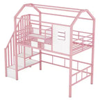 Whisen 93.7''L x 41.4''W House-style Design Metal Loft Bed with Staircase, Storage Rack and Window, with Roof Design