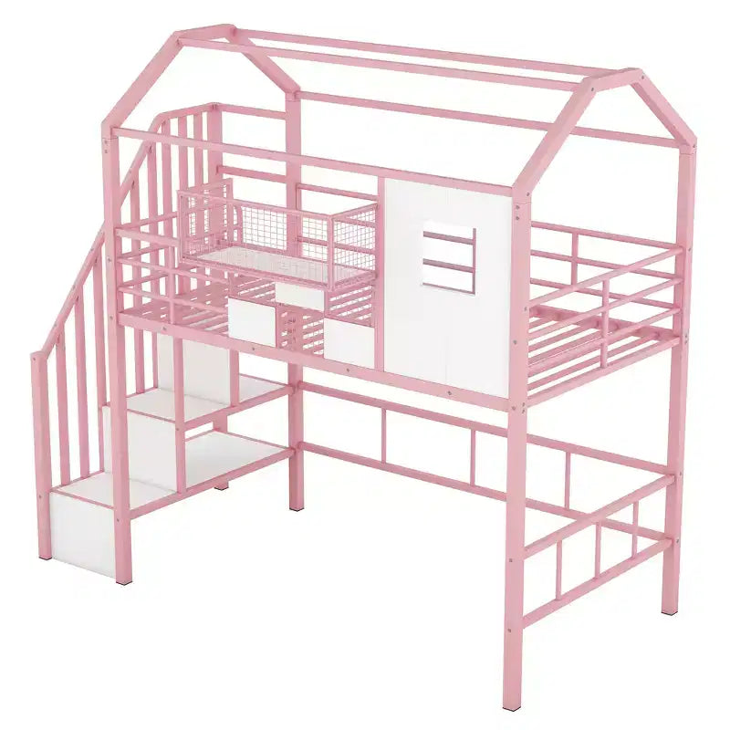 Whisen 93.7''L x 41.4''W House-style Design Metal Loft Bed with Staircase, Storage Rack and Window, with Roof Design