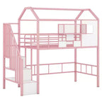 Whisen 93.7''L x 41.4''W House-style Design Metal Loft Bed with Staircase, Storage Rack and Window, with Roof Design