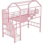 Whisen 93.7''L x 41.4''W House-style Design Metal Loft Bed with Staircase, Storage Rack and Window, with Roof Design