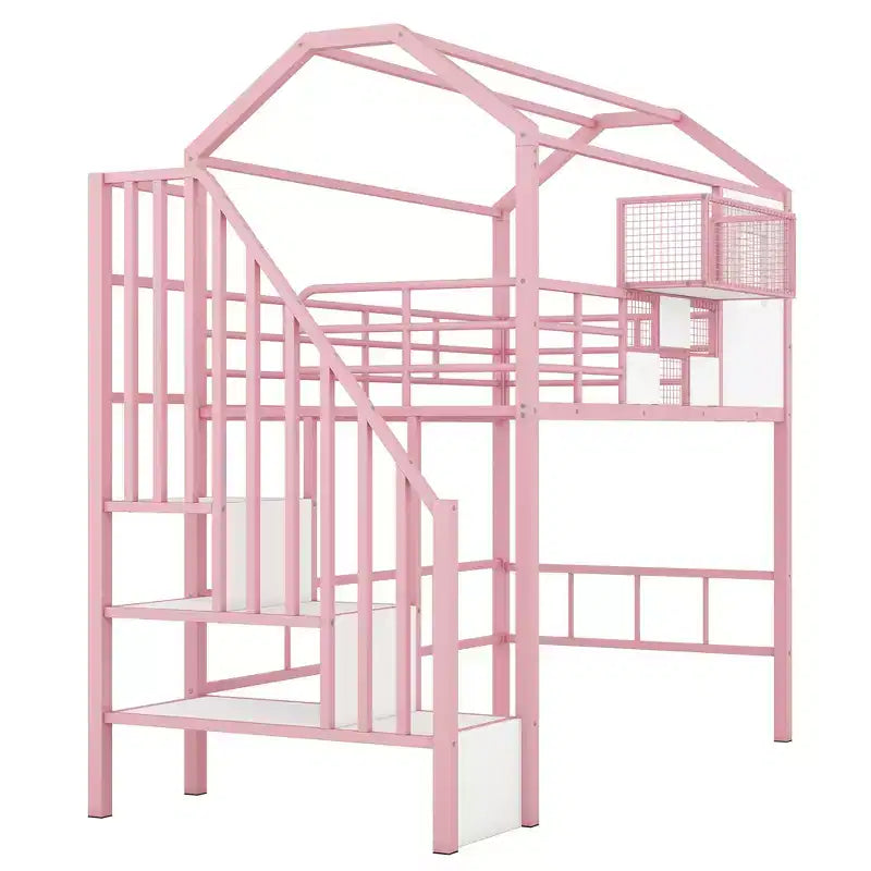 Whisen 93.7''L x 41.4''W House-style Design Metal Loft Bed with Staircase, Storage Rack and Window, with Roof Design
